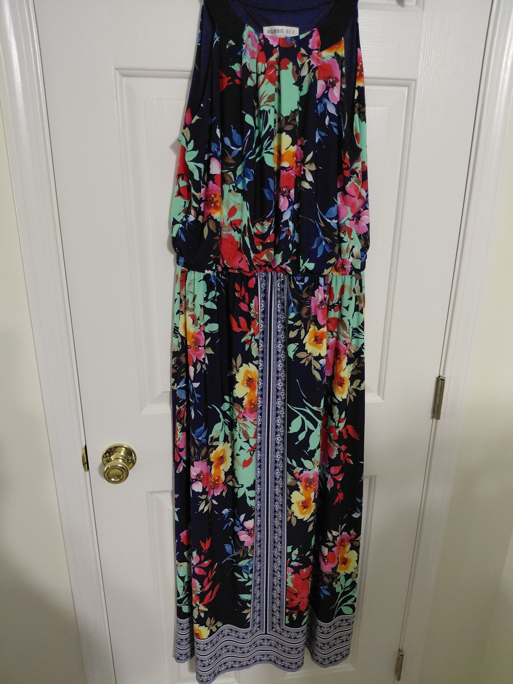 Robbie Bee Navy Floral Maxi Dress with Mint, Yellow, Pink & Red Blooms